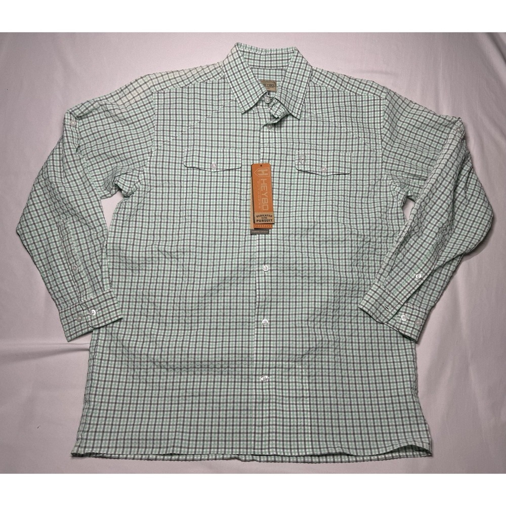 Heybo Headwaters SeerSucker Long Sleeve Mens‎ Small Green/Gray/White NWT!